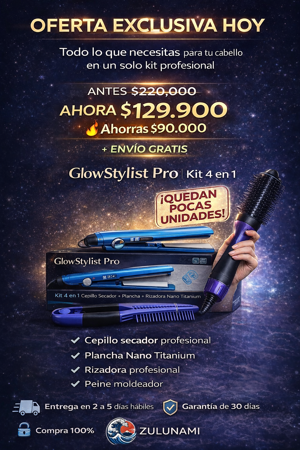 GlowStylist Pro | Kit 4 en 1 Cepillo Secador + Plancha + Rizadora Nano Titanium