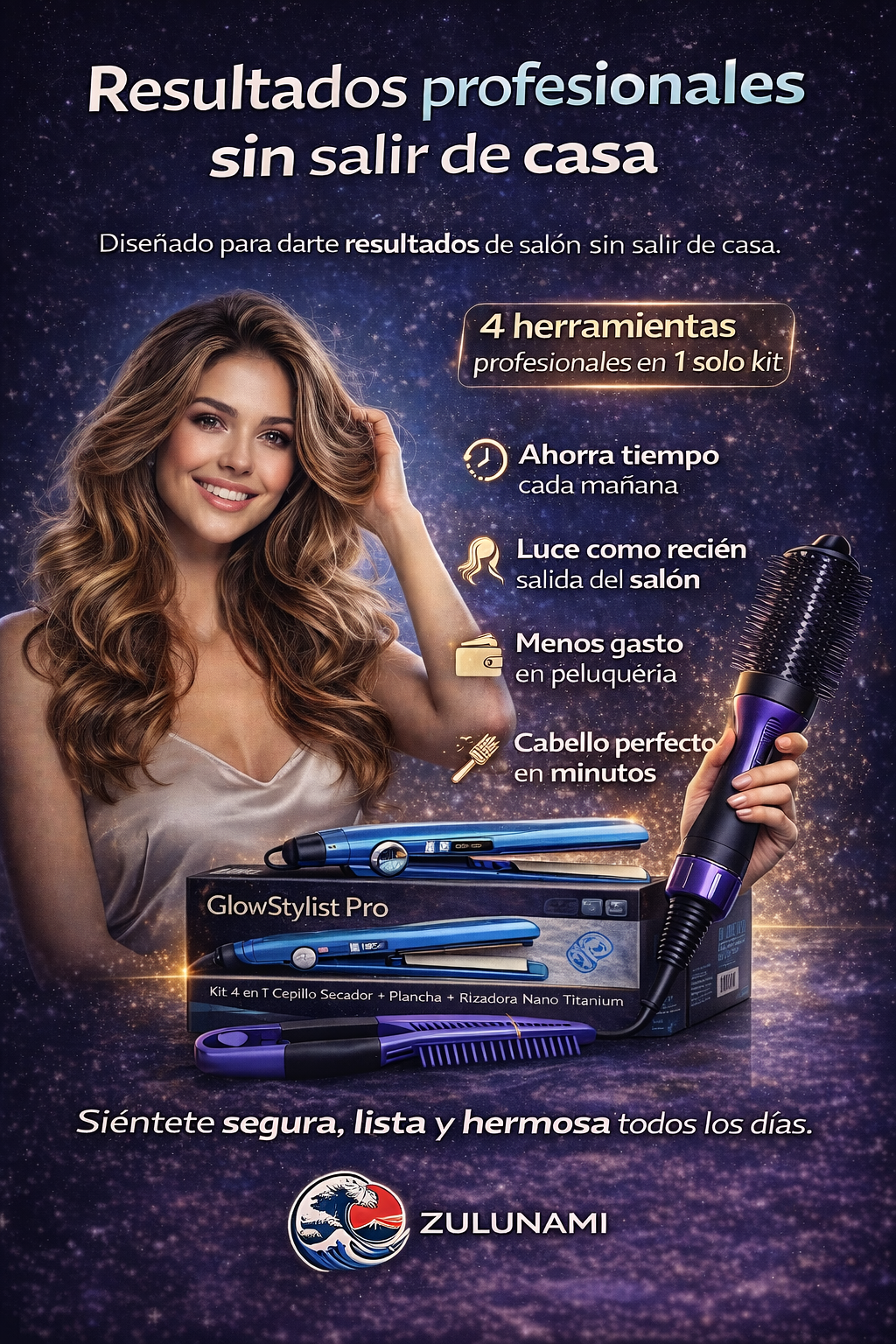 GlowStylist Pro | Kit 4 en 1 Cepillo Secador + Plancha + Rizadora Nano Titanium